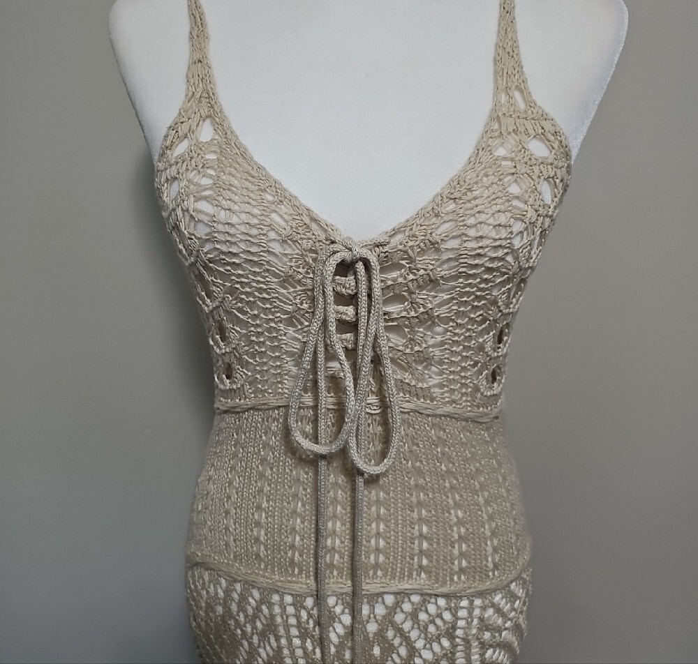 Crochet Maxi Dress / Swimsuit Cover-up in Beige with Fringe - Picture 2 of 6